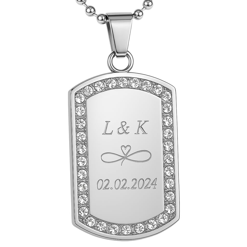 Personalisierte Kette mit Gravur Edelstahl 50 cm mit Anhänger Dog Tag mit Strass-Stein in silber - Personalisierte Halskette für Frauen - Personalisierter Schmuck Damen Kettenanhänger