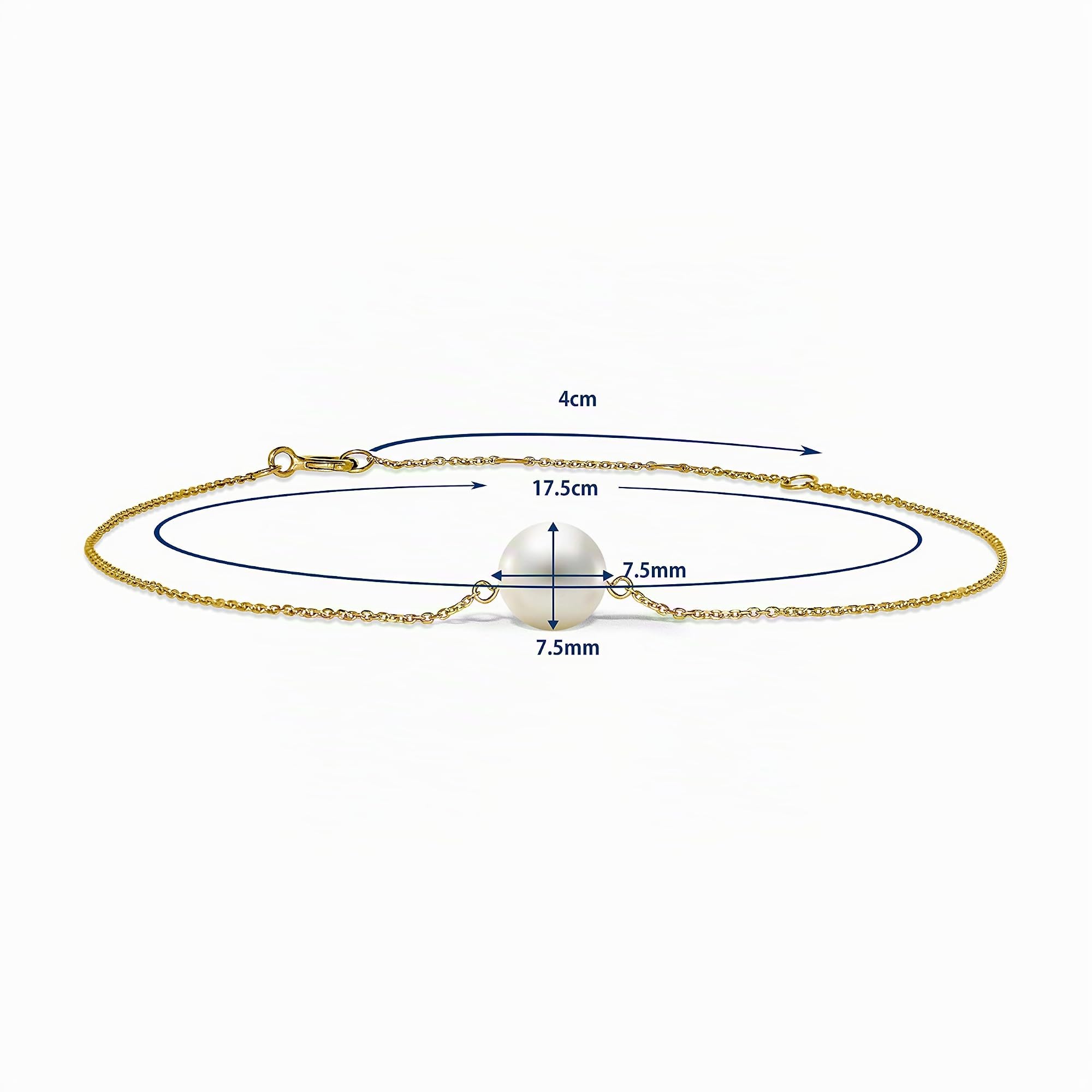 MIORE Schmuck Damen Armband mit weiße runde Süßwasserperle 7.5 mm Armkette aus Gelbgold 14 Karat / 585 Gold, Länge Einstellbar 17.5-21.5cm