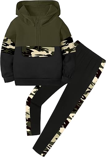 Toddler Girl Clothes Camo 2 Piece Little Girls Clothes Half Zip Up Hoodies Color Block Outfits Sweatshirt Pant Sets
