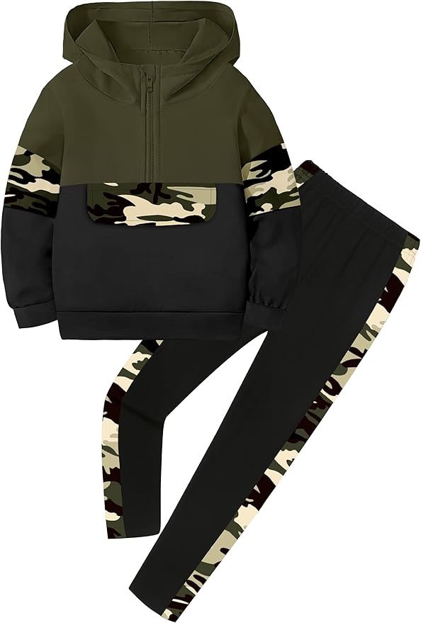 Toddler Girl Clothes Camo 2 Piece Little Girls Clothes Half Zip Up Hoodies Color Block Outfits Sweatshirt Pant Sets