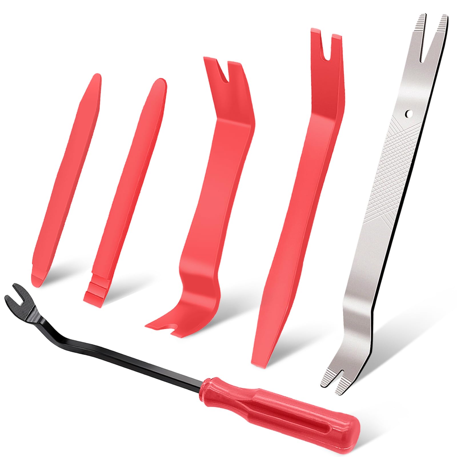 Etre Jeune 6 PCS Trim Removal Tool, Plastic Pry Tool Kit Door Clip Panel Removal Tool Set, Metal Trim Tool for Car Dash Radio Audio, Red