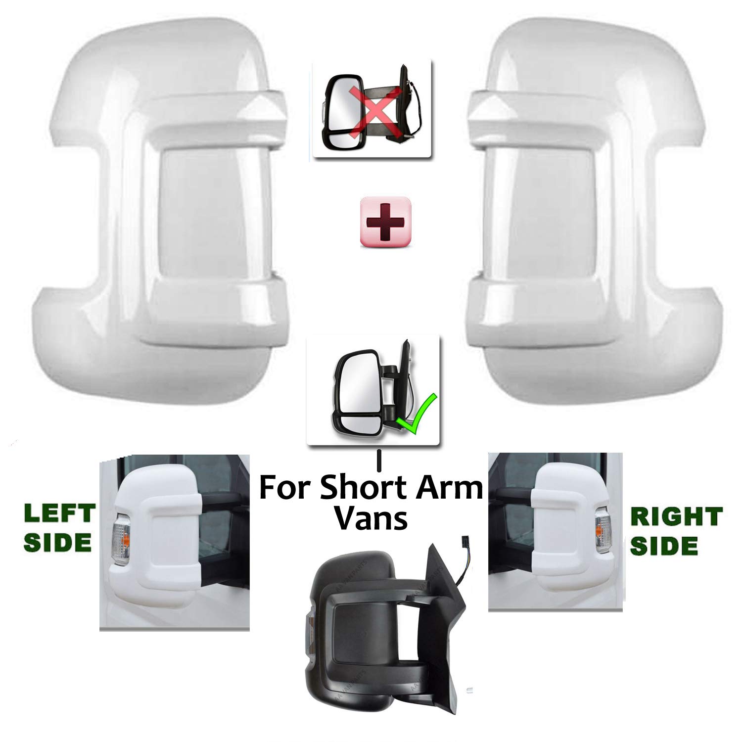 TWMC©™ - Replacement For Ducato 2006 to 2020 Wing Mirror Cover Protectors Left & Right Gloss White ( For SHORT Arm Vans )