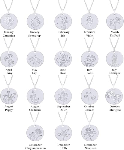 Miniatura 3 de AFFY Collar de flor de nacimiento chapado en oro de 18 quilates grabado personalizado con colgante floral delicado mes de nacimiento, dije de disco