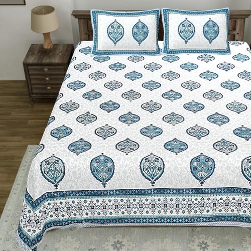 Image of Living Roots Jaipuri Hand Block Print Double Cotton Bedsheet & 2 Pillow Covers, for Mattress Upto 8 inches Thick, No Colour Bleeding, Blue Colour, Super King Size 96 * 104 inches, 150TC (578-C)