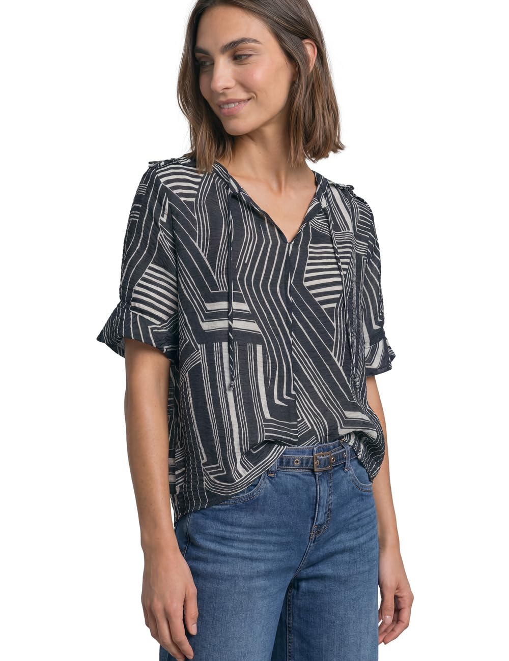 Street One Short Sleeve Blouse with Split Neck and Print Darkest Blue 42