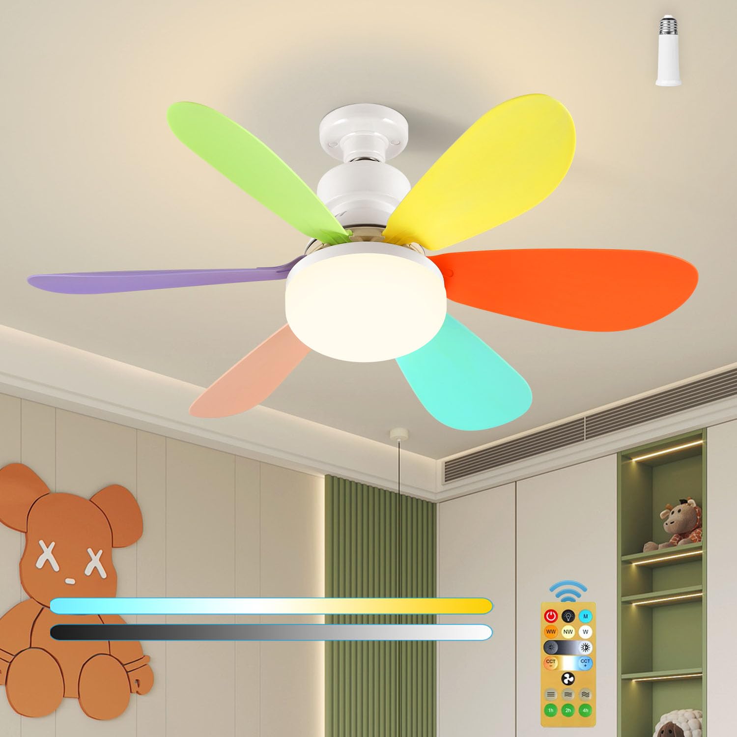 Ventilador de Techo con Luz LED Regulable E27 Niños Lampara Ventilador Techo con Mando a Distancia Silencioso 40W Pequeña Ventilador de iluminación para Dormitorio Infantil Sala de Estar Oficinas