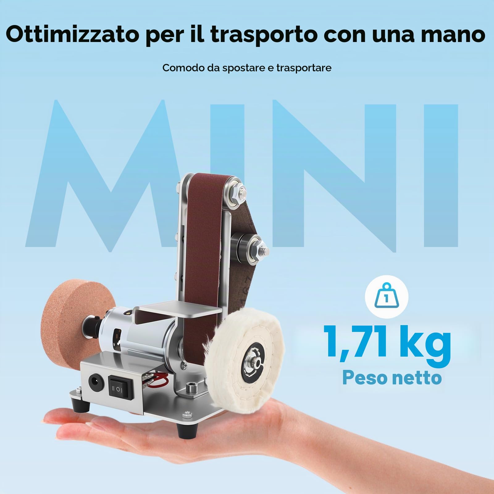 Mini levigatrice a nastro, smerigliatrice elettrica da tavolo a 7 marce, con disco per lucidatura e mola, levigatrice fai da te, con 20 nastri abrasivi per la lavorazione del legno