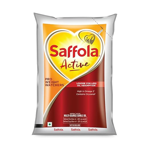 Saffola Active Refined Oil|Blend of Rice Bran Oil & Soyabean Oil|Cooking Oil|Pro Weight Watchers Edible Oil 1 Litre Pouch