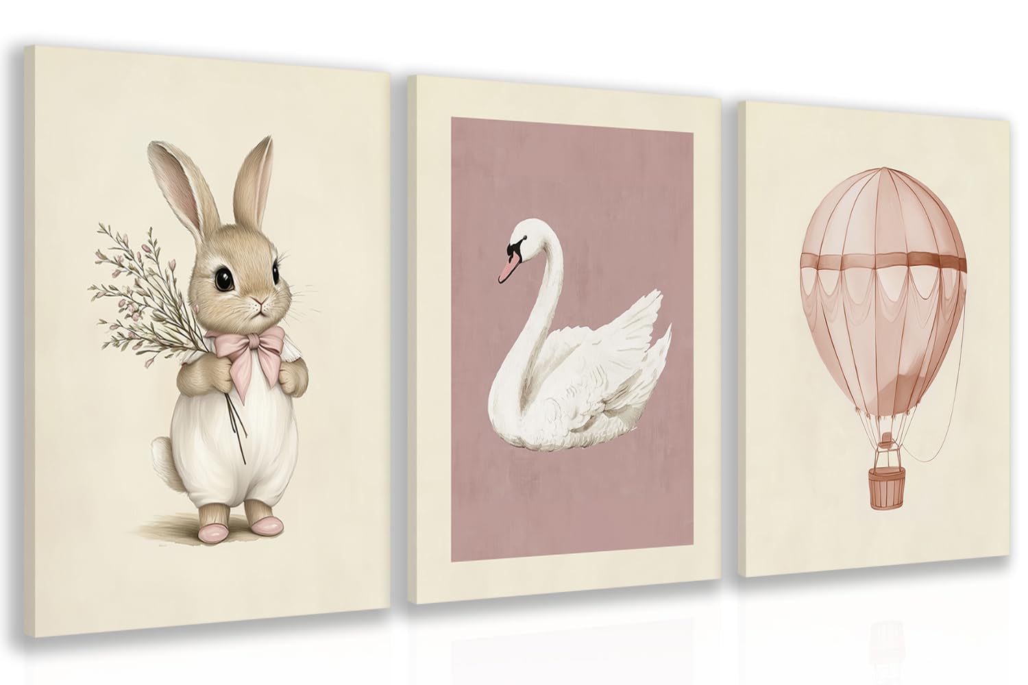 kilamino Pink Baby Girl Nursery Wall Art, Neutral Cute Rabbit and Swan Wall Decor, Vintage Hot Air Balloon Poster Prints, Pastel Bunny Animals Canvas