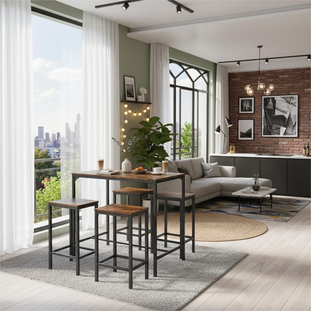 FurnitureR - Juego de 5 Barras de Bar, Mesa de Bar, con 4 Altas, Marco de Acero, Estilo Industrial, rústico marrón, para Cocina, Comedor, Sala de Estar, 100 x 60 x 90 cm