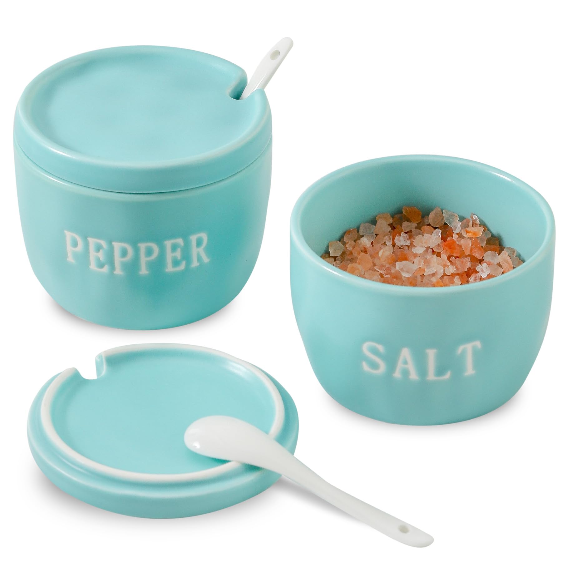 Howise 2 Pack Salt and Pepper Bowls Set, Ceramic Salt and Pepper Containers with Lid and Spoon, Large Contemporary Blue Turquoise Ceramic Bowls, 1E+1 ounces Each, Dishwasher Safe