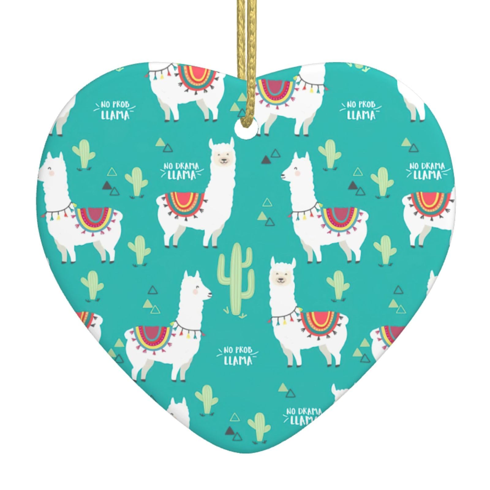 Nbtghga White Cute Llama And Cactus Print Christmas Ornaments, Ceramic Hanging Ornament, Xmas Tree Decoration, Holiday Home Decor
