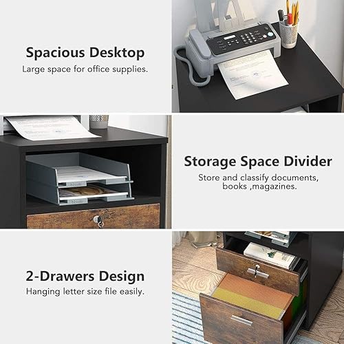 Miniatura 7 de TRIBESIGNS WAY TO ORIGIN Archivador móvil con cerradura, archivador de madera de 2 cajones para tamaño carta, soporte de impresora moderno con