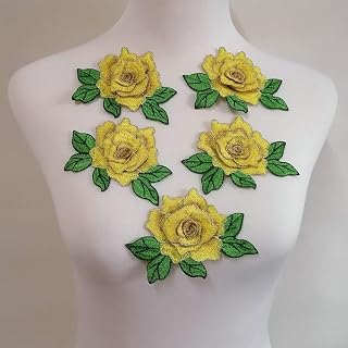 5PCS Rose Peony Flower Patch Embroidered Garment Appliques Sew on Patches Clothes Cheongsam Wedding Dress Accessory (Style C Yellow)