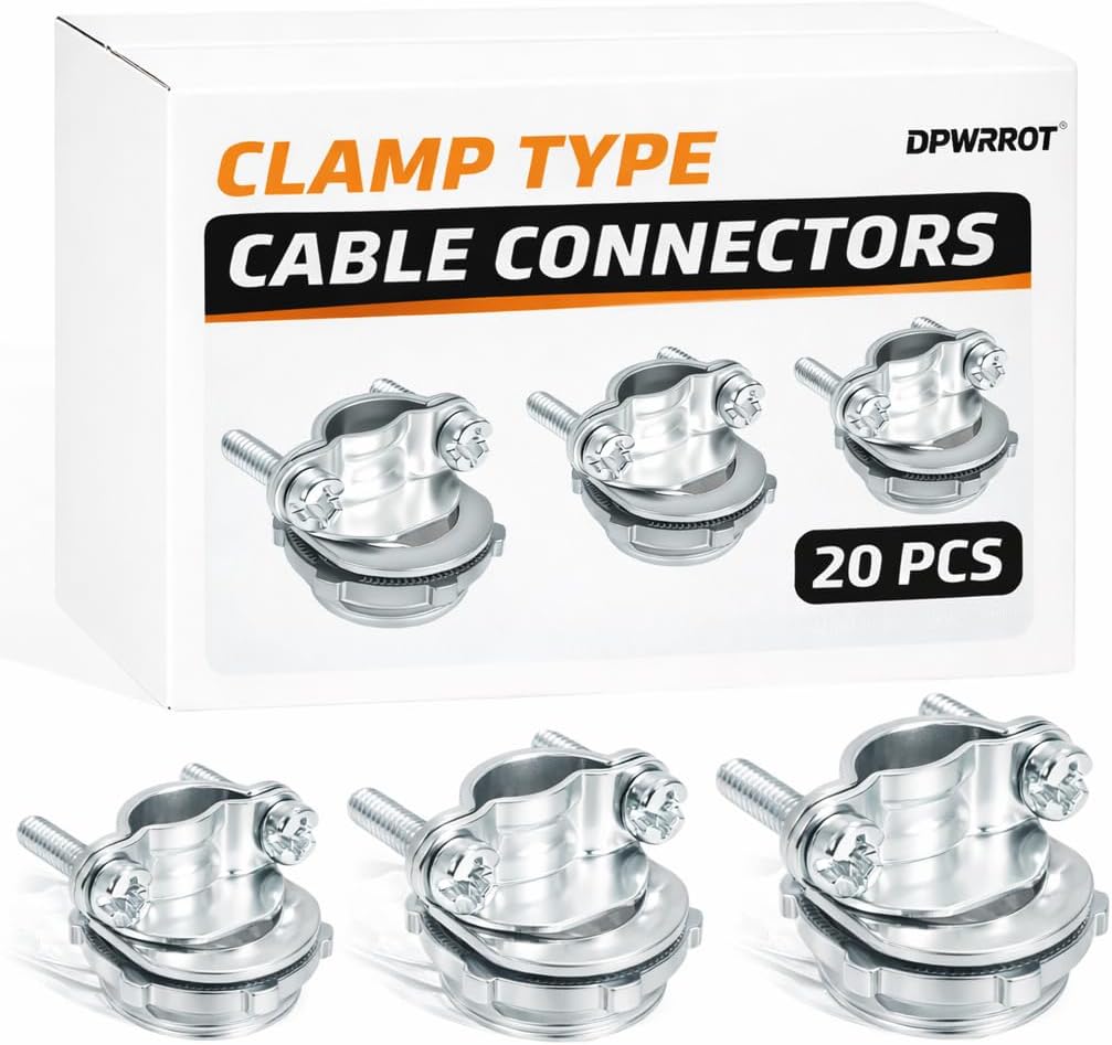 20 Packs 1/2" 3/4" 1” Cable Connectors Compatible with Romex, Zinc Alloy Wire Clamps for Metallic Conduit Protect Cables, NM Cables, Electrical Box, Silver-Zinc