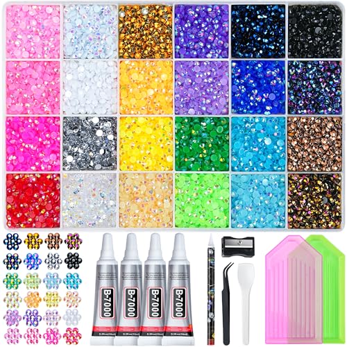 LOTWOW 35000 Pcs Resin Jelly Rhinestones Kit Multicolor 3mm Flatback Rhinestones with 4 Pcs B7000 Jewelry Glue & Tools All-in-One Bedazzling Kit for DIY Arts & Crafts Gifts