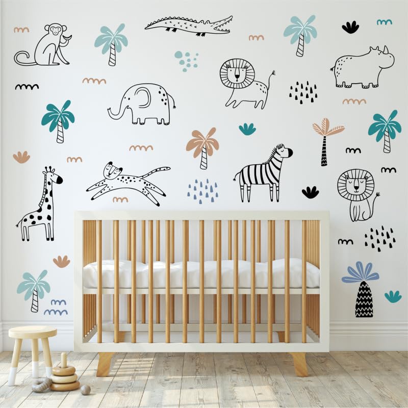 Image of Kids Jungle Safari Wall Stickers for Kids Room - 4 Sheets 39 Pcs Cartoon Animals Nursery Wall Decals Lion Giraffe Elephant Zebra Monkey Peel and Stick Wall Art for Baby Bedroom Playroom Nursery Decor