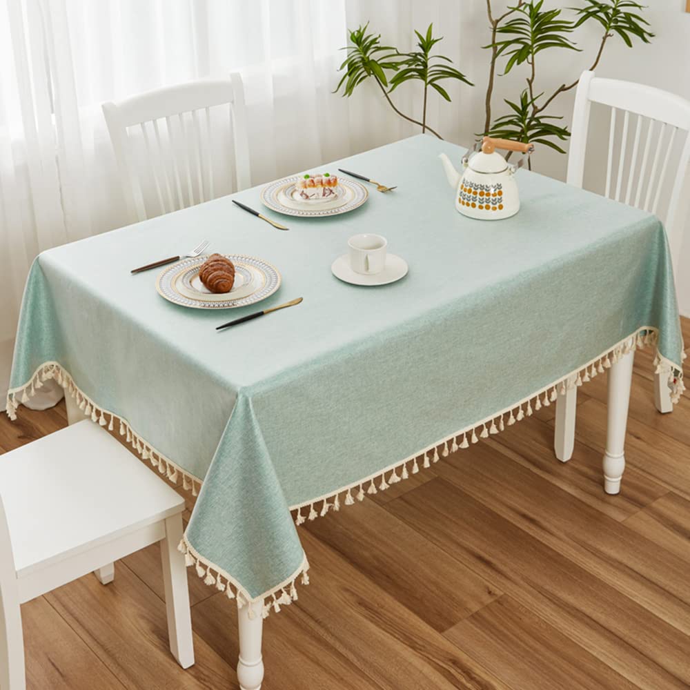 Kithing Water Green Rectangular Table Cloth，Tpu Coated Cloth Art Tablecloth，Waterproof Tassel Tablecloth Free Water To Wash，Kitchen Dining Room Banquet Tabletop Decoration (, 140X180cm)