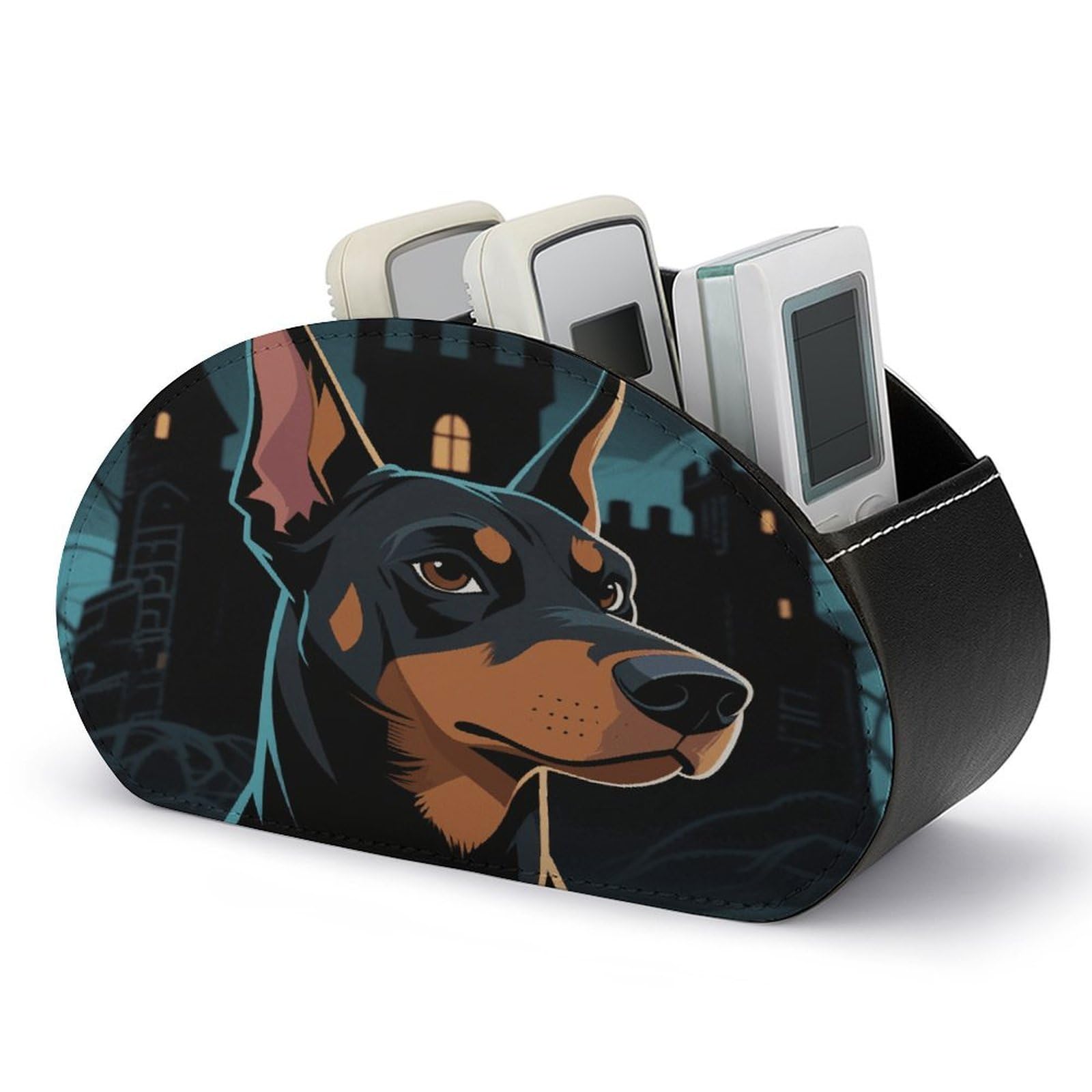 VstaDank Doberman Pinscher Remote Control Holder PU Leather Multifunctional Office Organizer Makeup Brush Holder Desk with 5 Compartments Box