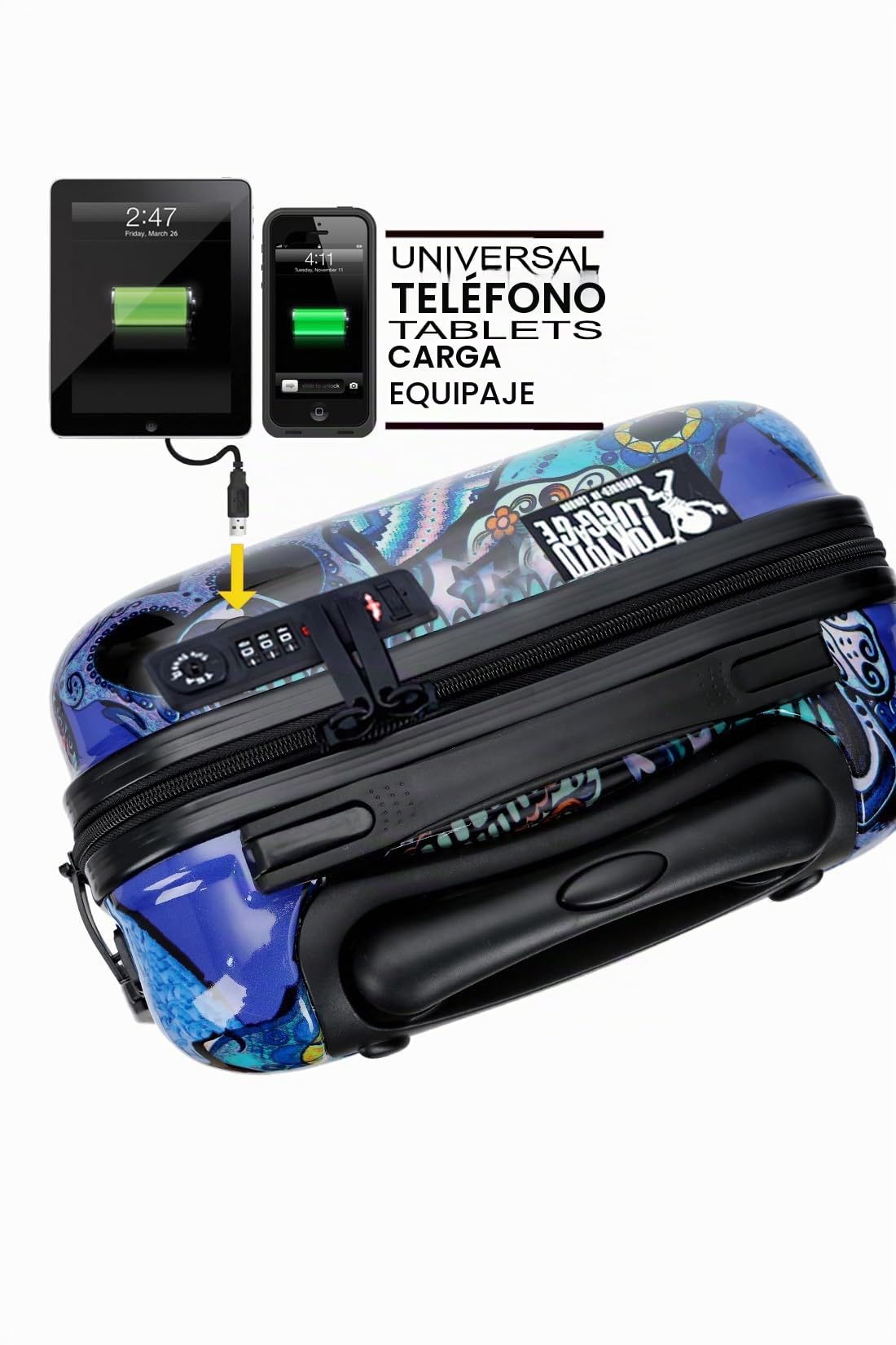 Maleta Cabina Infantil Juvenil 55x35x20 USB Blue Skulls Calaveras Mexicanas | Diseño de catrinas; equipaje juvenil infantil ligero con USB y Powerbank, 4 ruedas dobles