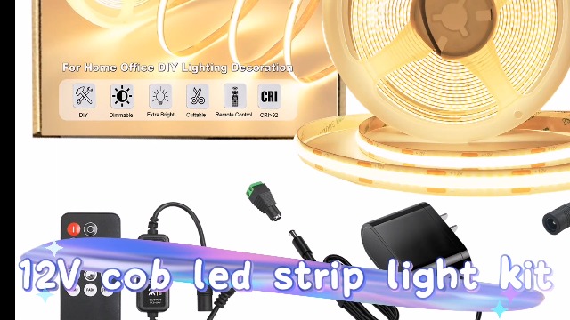 Image of Dimmable Warm White COB LED Strip Light Kit 16.4ft with RF Remote & UL 12V Power Supply 3000K CRI93+ No Dark Spots Tape Lights for Indoor Cabinet, Bedroom, DIY Craft, Wall Accent Lighting