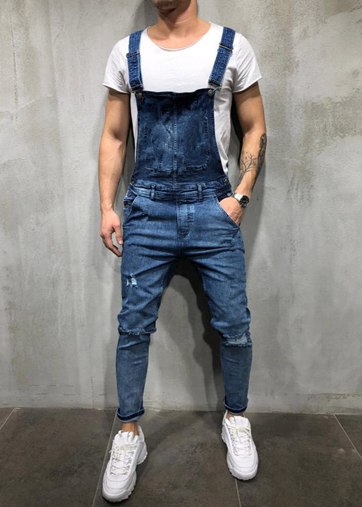 ORANDESIGNE Salopette Uomo in Denim Casual Pantaloni Strappati Uomo in Tinta Unita Salopette Uomo Jeans Slim Fit Moda Ragazzo Jumpsuit Pagliaccetti da Lavoro con Bretelle