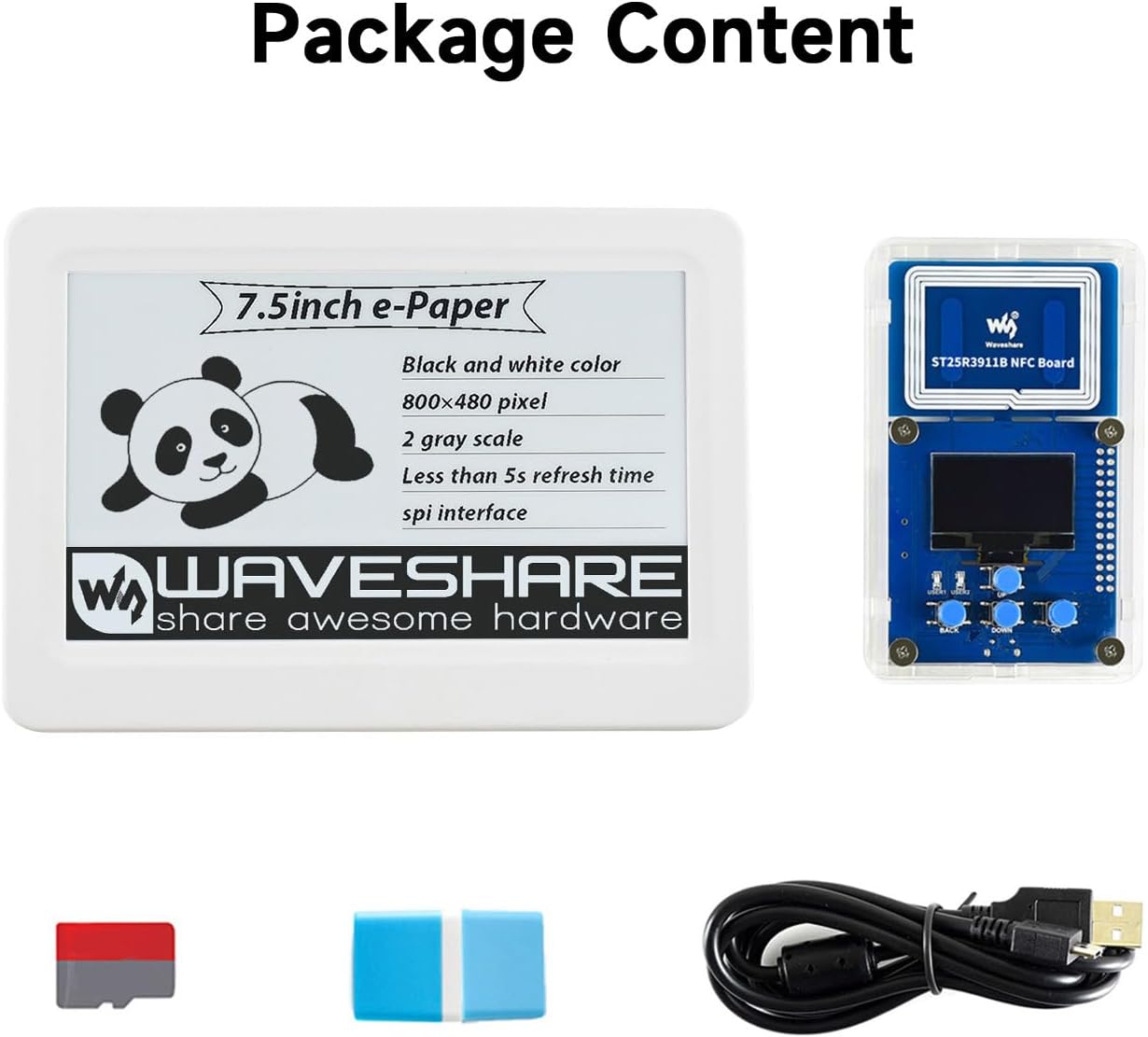 waveshare 7.5inch NFC e-Paper Eval Kit Bundle with 7.5inch NFC-Powered e-Paper ST25R3911B NFC Board Micro Card 16GB Micro Card Reader USB-A to Micro-B Cable(5 Items)