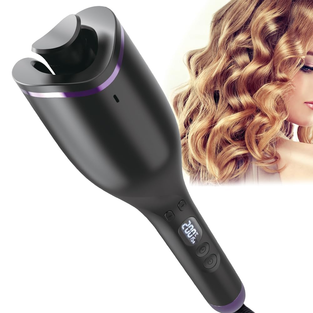 Upgrade Anti-Scald Hair Curler Automatic Rotating, LCD Self Pinning 1" Rotating Curling Wand Fast Heating Hair Salon Styling Tool for 7-15 inch Mid