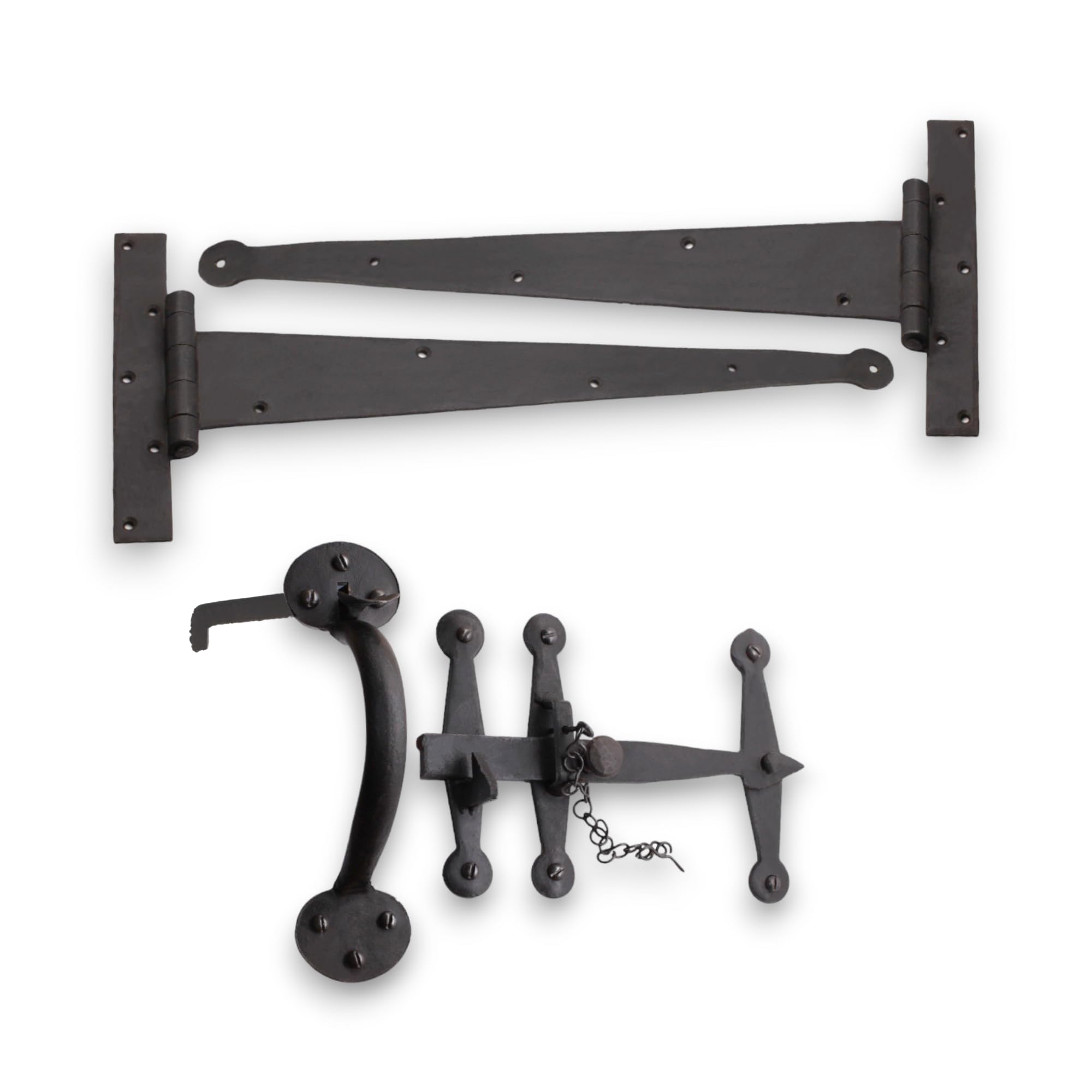 Infinity Decor Black Hand Forged 18” Penny End T Hinge With Suffolk Thumb Latch Heavy Duty Hinge Knuckles Door Pack Beeswax Kit - For Wooden Gate Door