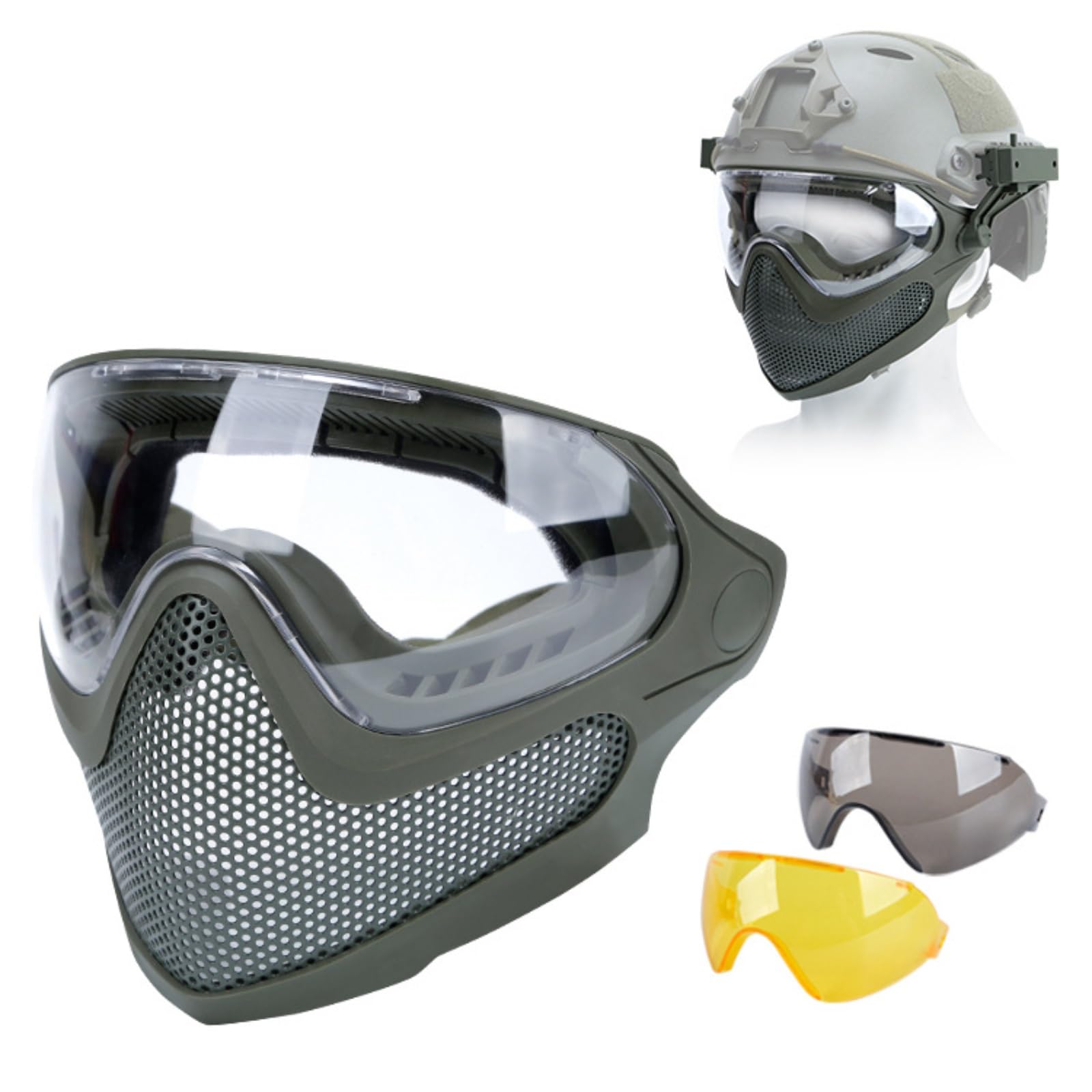 Maschera per Airsoft 2 Modalità, Maschera Protettiva Tattica Integrale di Sicurezza, Set di Occhiali Antiappannamento, con 3 Lenti Intercambiabili