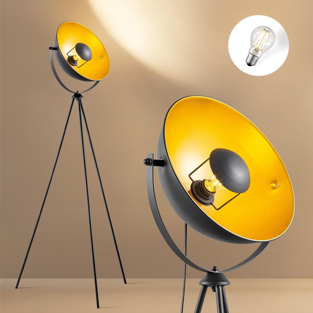 Home Sweet Home Lampada da terra a treppiede industriale, stile retrò nero e oro con faretto vintage, altezza 148 cm in metallo per soggiorno e camera da letto, lampadina inclusa