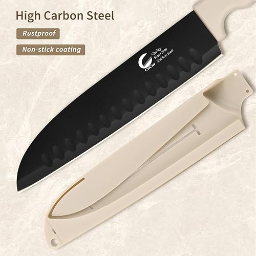 Miniatura 6 de Juego de cuchillos de cocina de 12 piezas, con revestimiento antiadherente con 6 protectores de cuchilla, remaches dobles, apto para lavavajillas,