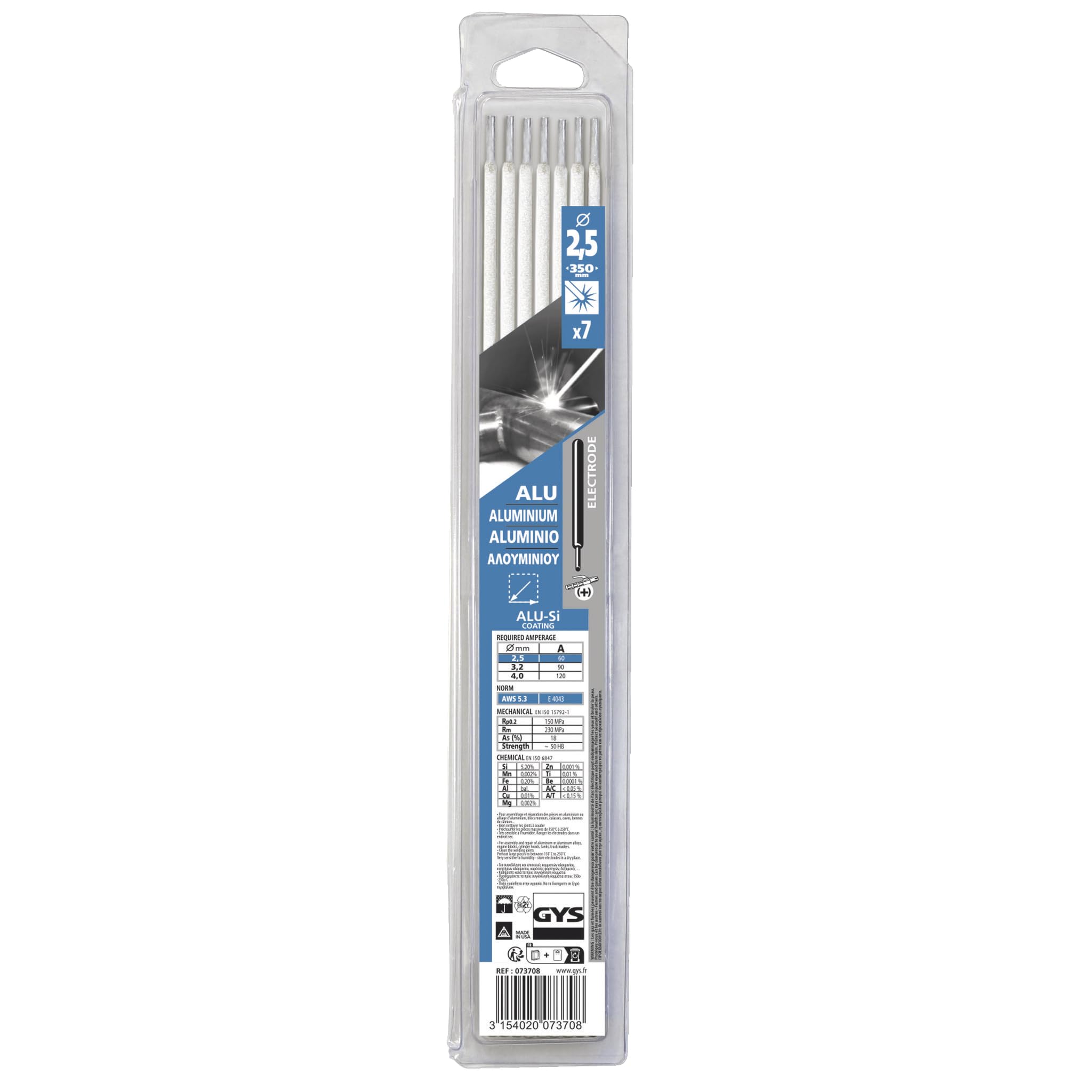 GYS 073708 Aluminium Welding Electrode, E4043, diameter 2.5, 7 Pack, Grey, diameter 2.5x350mm