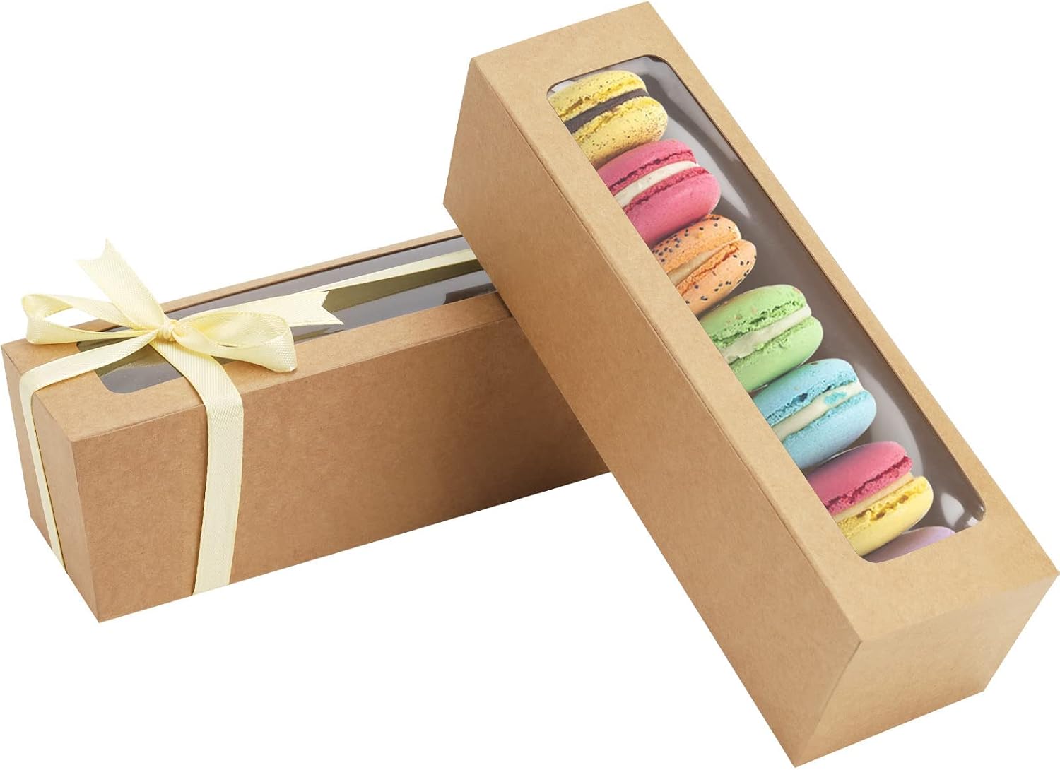 NPLUX Macaron Boxes, 25 Pack White Dessert Boxes with Clear Window and Ribbon, 7.2 x 2.1 x 1.9 In, Fits 5 to 7 Macarons, Bakery Packaging Boxes for Gifts, Cookies, Graduation Gifts Party Favors