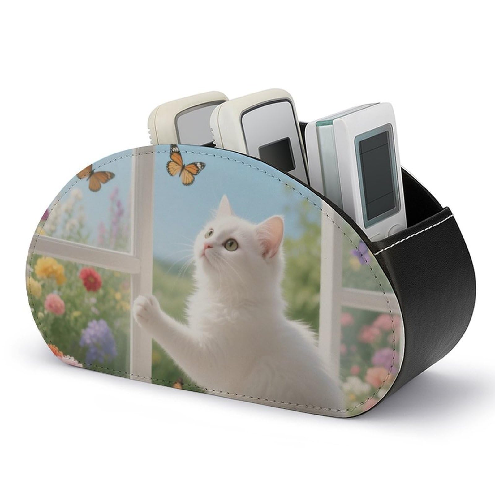 Support de télécommande chat blanc en cuir PU avec boîtier de rangement à 5 compartiments