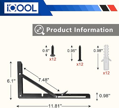 Miniatura 2 de ICOOL 4 soportes plegables de estante de 12 pulgadas, soportes plegables resistentes para montaje en pared para mesa de trabajo, en forma de L,