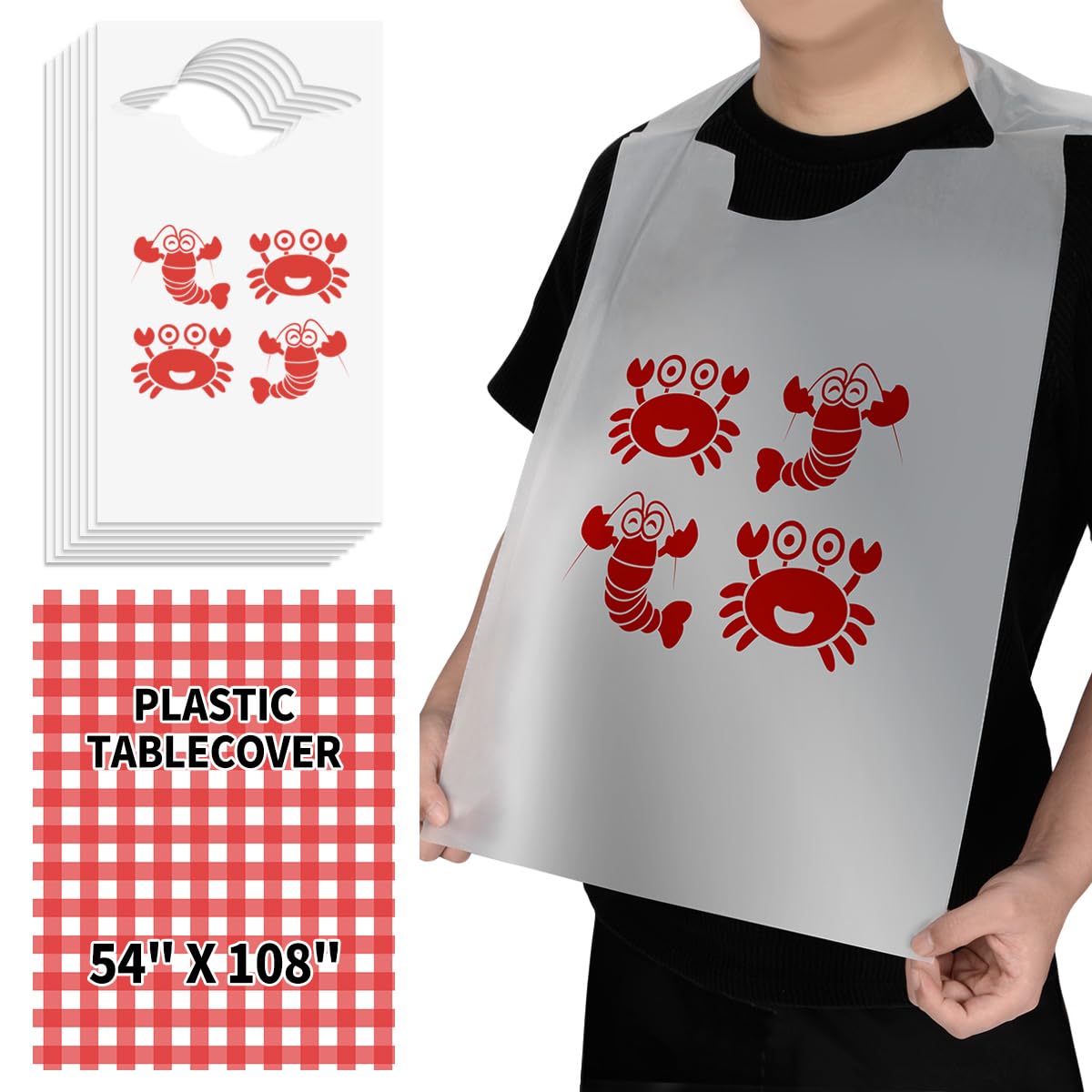 bloomoon 100 Pcs Disposable Lobster Bibs and 2 Pcs 108 x 54 inch Plastic Red Gingham Checkered Table cloths, Plastic Crab Bibs Disposable for Adult with Table covers, Seafood Boil Party Supplies