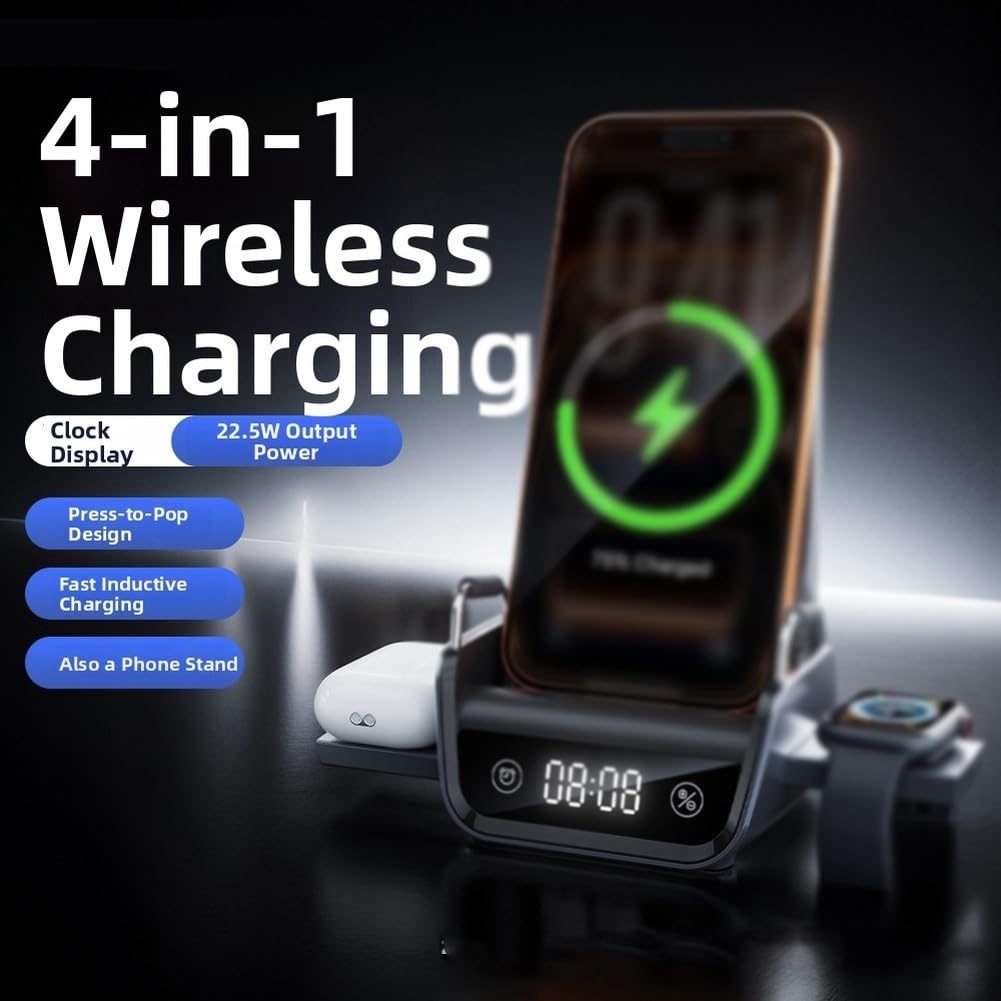 Stazione di Ricarica Wireless, 15 W, Caricabatterie da Tavolo Veloce, Supporto Nero con Display per Orologio, per smartwatch, Telefono, Uso Quotidiano in Ufficio