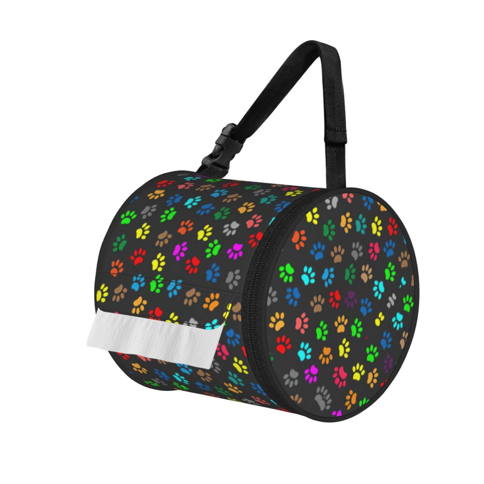 Colorful Dog Paw Print Black Printed Roll Paper Carrier Bag, Foldable Oxford Cloth Tissue Case for Camping Hiking Backpack