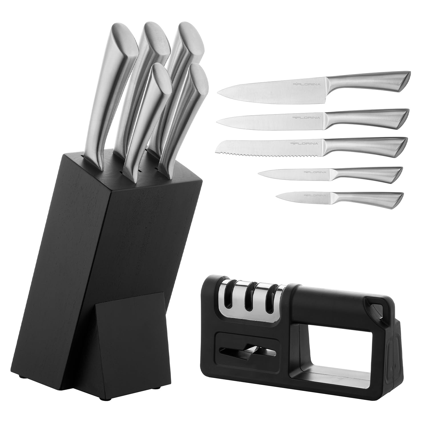FLORINA Set di Blocco Coltelli con Affilatore I Set in Acciaio Inossidabile PERFECT STEEL I Coltello da Cuoco, Coltello Universale, Coltello per il Pane, Coltello per Verdure, Coltello per Carne