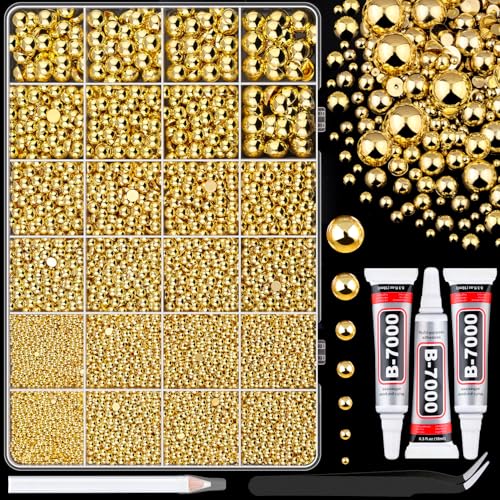 Image of 13000Pcs Flatback Pearls for Crafting (Gold), Assorted Size 2 /3 /4 /5 /6 /8 /10mm Half Pearl with 3Pcs 10ml B7000 Jewelry Glue, Bedazzling Bead for DIY Crafts Clothing Tumblers Shoes Embellishment Nail Art