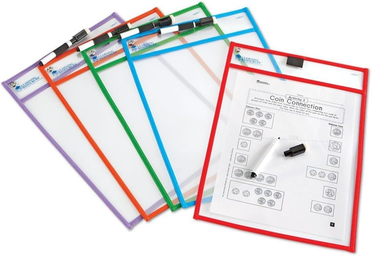 Write & Wipe Pockets, Set of 5 - Dry Erase Sheet Protectors, Dry Erase Sleeves, Pocket Protector, Classroom Supplies for Teachers, Clear Plastic Paper Sleeves
