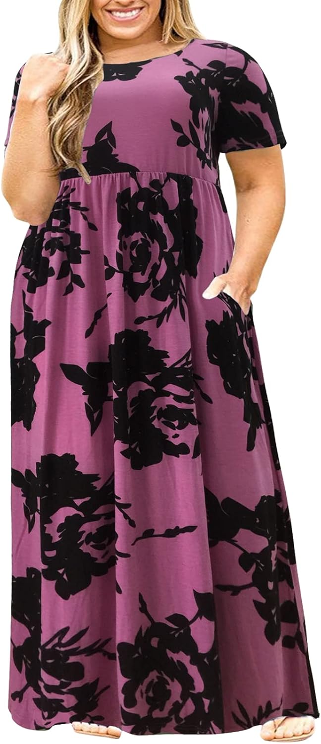 Nemidor Plus Size Maxi Dresses for Curvy Women Summer Casual Loose Short Sleeve Long Beach Dress with Pocket