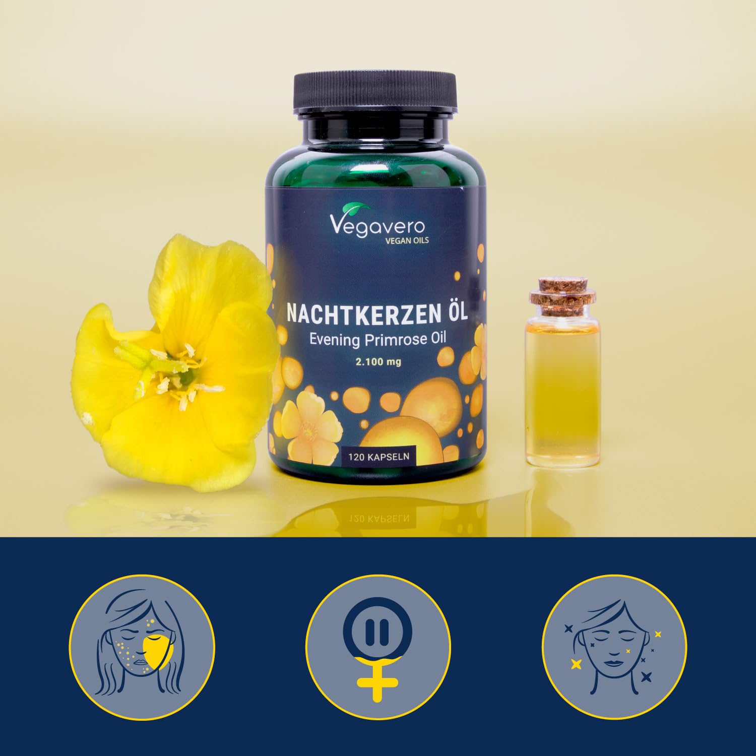 Huile Onagre 2100 mg | UNIQUE: Le Seul Vegan | Omega 6: 11% GLA | Pressé à Froid | 100% Naturel | Peau + Équilibre Hormonal | 120 Gélules | Vegavero®