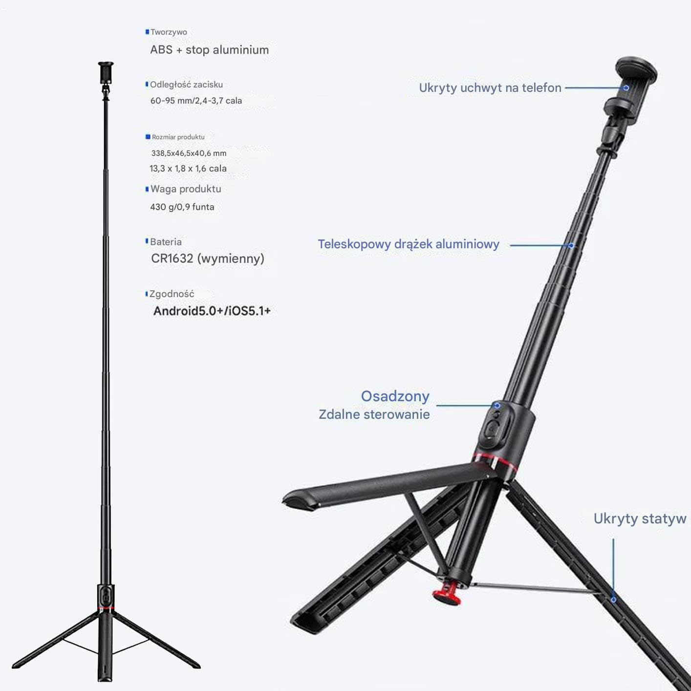 Selfie Stick Statyw Obrotowy Uchwyt Fotograficzny 360°