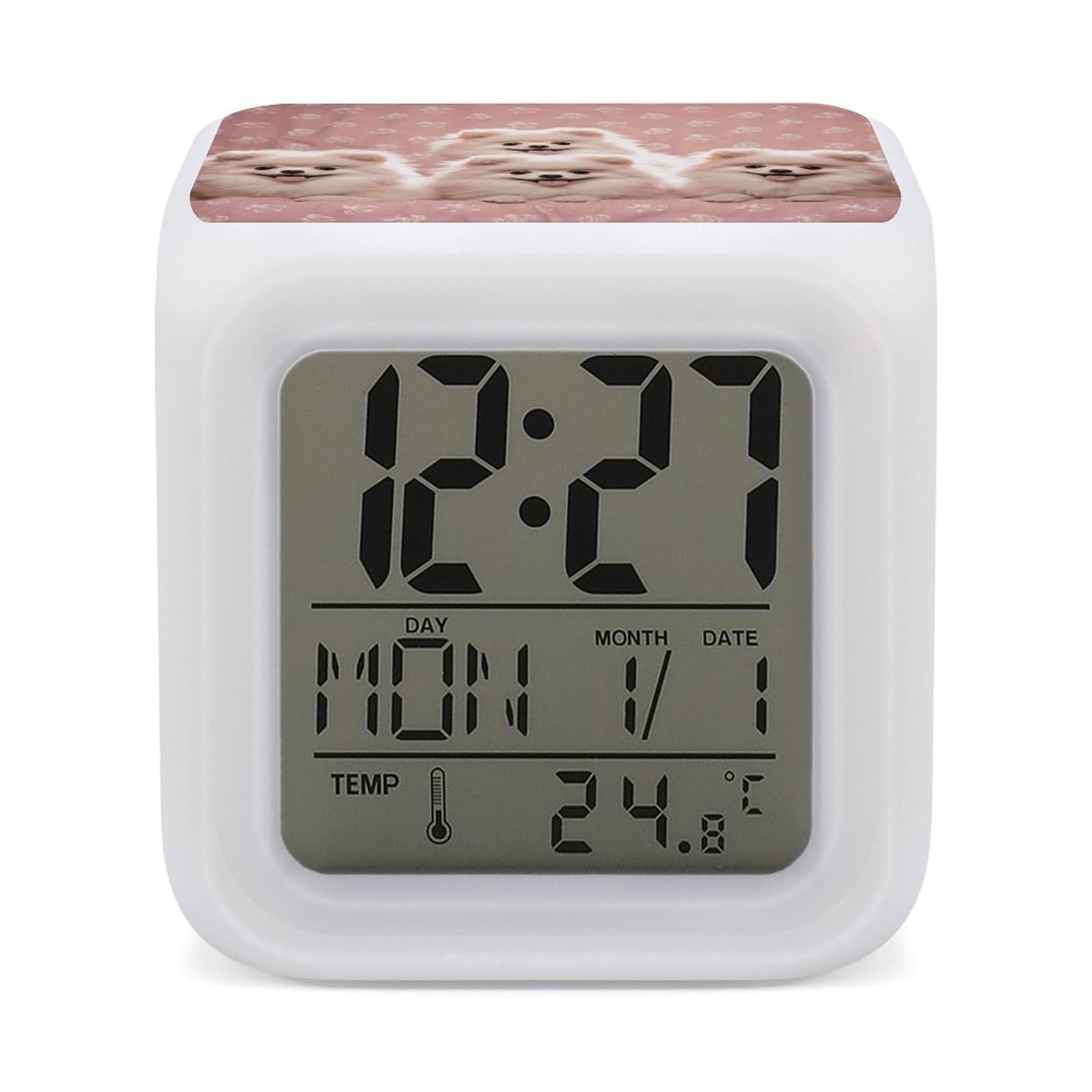 JTREHY 7 Color Changing LED Digital Alarm Clock,Pomeranians Puppies Printed Wake-up Clock with Temperature Display Home Decoration Alarm Clock for Bedroom Office