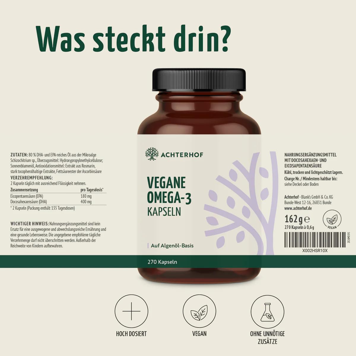 Vegane Omega-3 Kapseln | 270 Stück | Vorteilspack für 4,5 Monate | auf Basis von Algenöl mit 180 mg EPA und 400 mg DHA pro Tagesdosis | hochdosiert & bioverfügbar | Achterhof