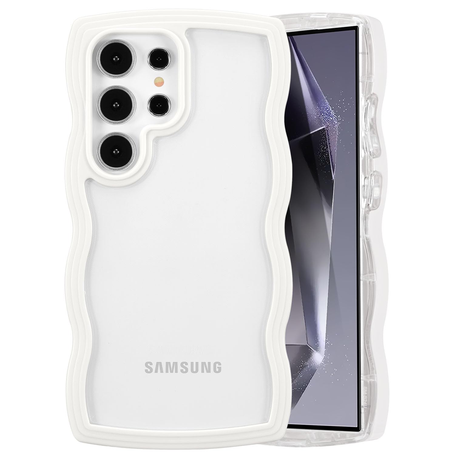 QLTYPRI for Samsung Galaxy S24 Ultra Case, Cute Curly Wave Frame Clear Case for Girls Women, Transparent Soft Silicone TPU Bumper Shockproof Protective Phone Cover for Samsung S24 Ultra 5G- White