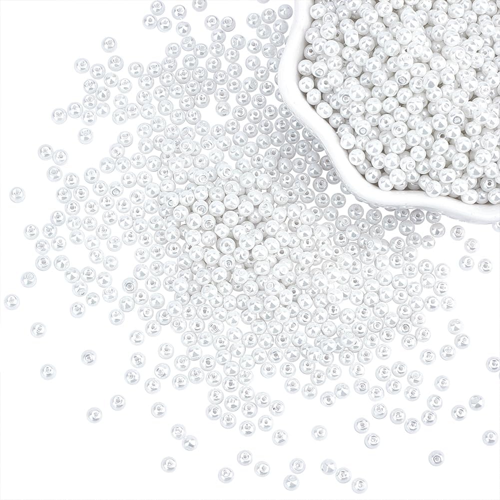 PH PandaHall 2300pcs Glass Beads 3mm Round Loose Spacer Beads Tiny Pearl Imitation Beads Waist Beads for Earring Necklace Bracelet Hair Accessory Weeding Vail Gloves Dresses, 1~1.5mm Hole White