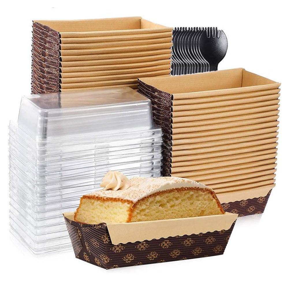 Aundhegrtt 25 Pcs Disposable Paper Baking Loaf Pan with Lids Disposable Fork for Bread, Cakes, and Pastries